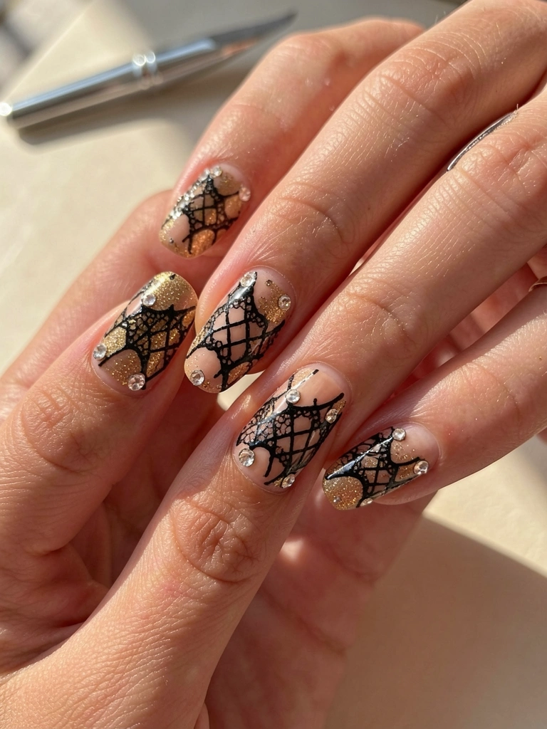 Mãos femininas recebendo alongamento de unhas em gel com base nude, glitter preto e dourado, design rendado preto e strass, luz natural suave.
