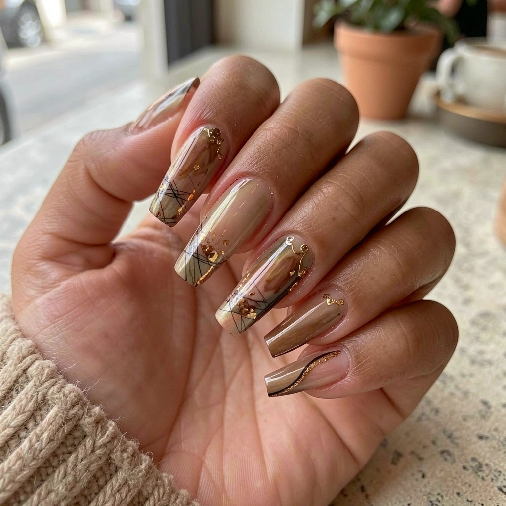 Mãos com unhas decoradas em tons terrosos e detalhes dourados, com acabamento brilhante, apoiadas sobre superfície texturizada em ambiente de café com cores suaves e aconchegantes.