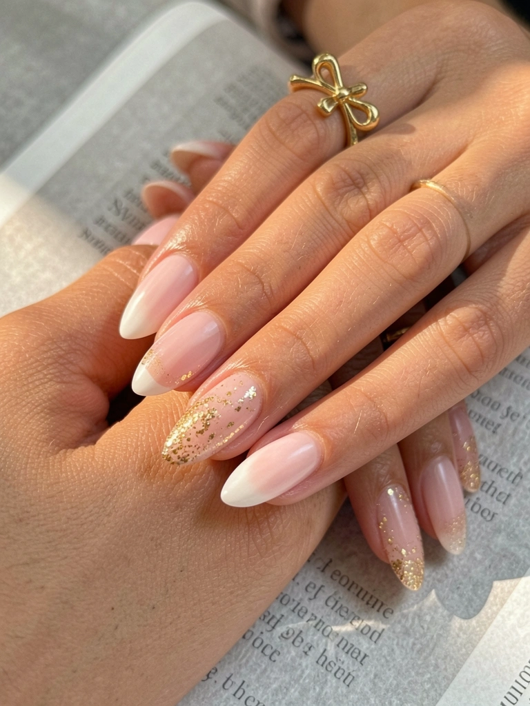 Mãos femininas com unhas amendoadas rosa-claro e glitter dourado, anel de laço dourado no dedo anelar, luz natural difusa sobre fundo cinza texturizado.
