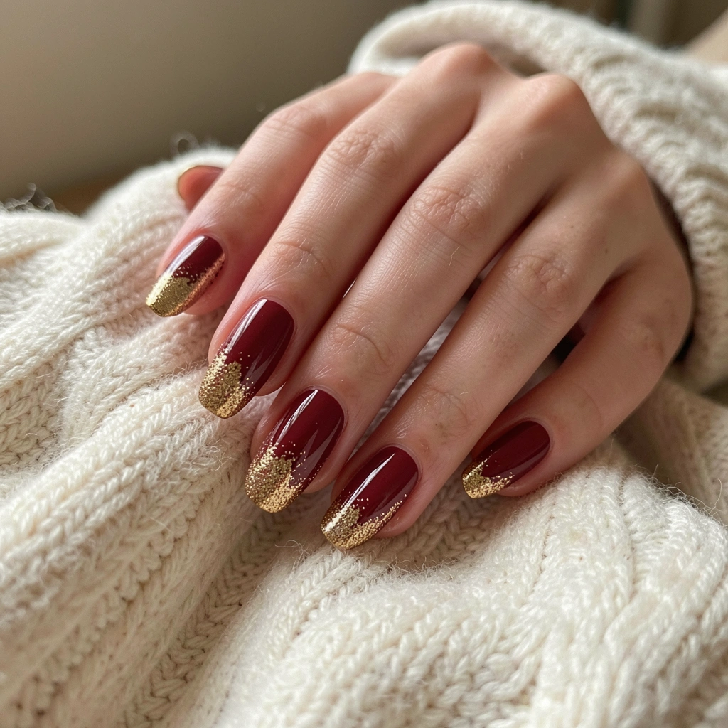 Mãos com unhas decoradas em vinho com glitter dourado sobre tecido texturizado, fundo desfocado e iluminação natural.