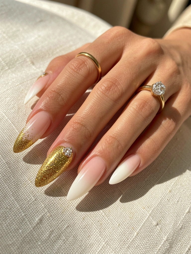 Mão com unhas francesinhas nude e branco, detalhe em glitter dourado, anel de ouro com diamante sobre linho off-white texturizado, luz natural.