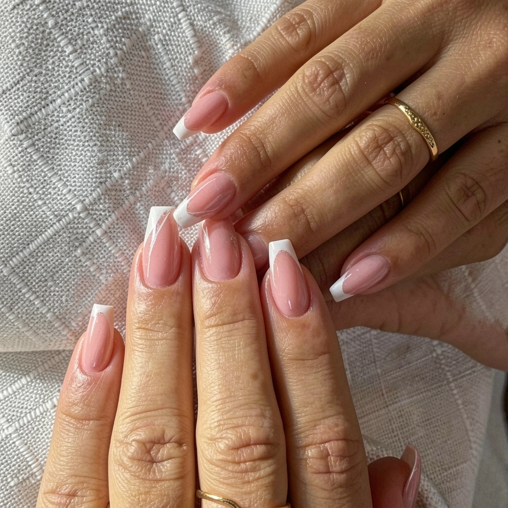 Mãos femininas com unhas decoradas em rosa suave e pontas brancas, anel de ouro delicado, sobre tecido texturizado em ambiente acolhedor