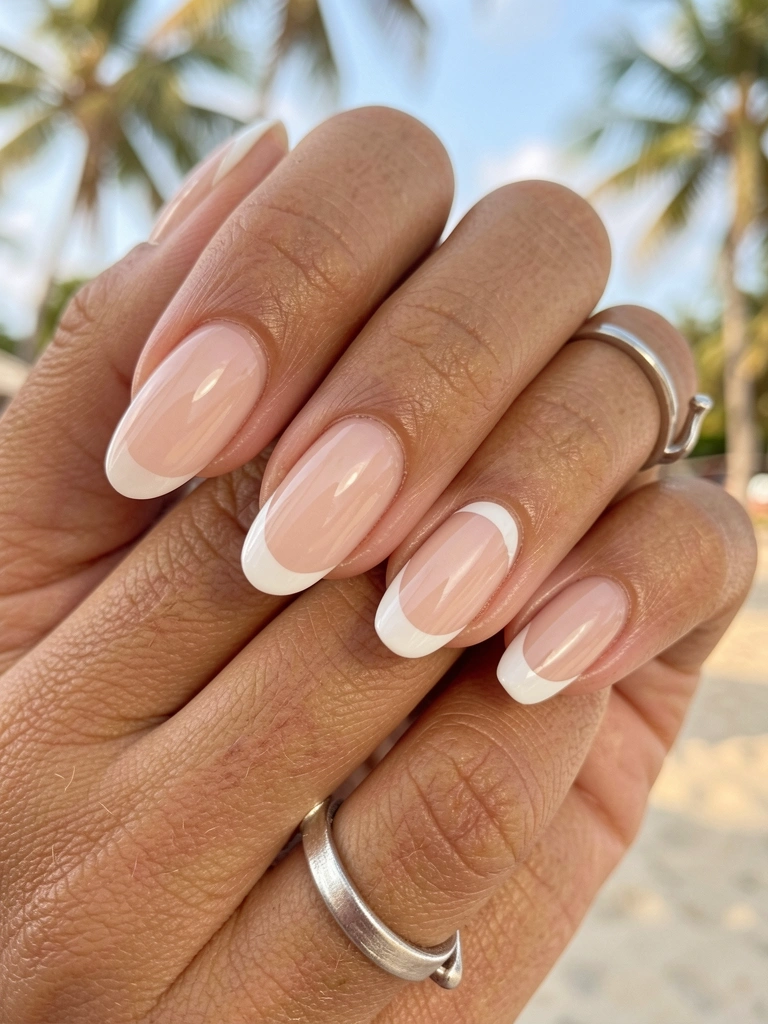 Mãos femininas com unhas nuas e pontas brancas francesas, anel de prata, luz natural suave e fundo desfocado tropical.