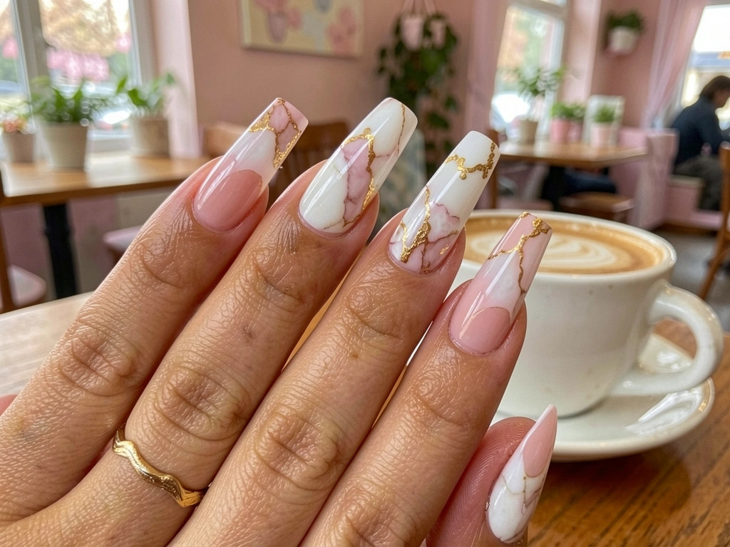 Mãos femininas com unhas decoradas em tons pastel, detalhes dourados e marmorizados, segurando uma xícara de café em uma mesa de madeira em cafeteria aconchegante.