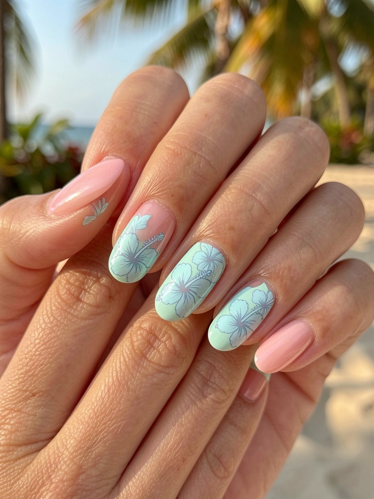 Mãos exibindo unhas francesinhas com esmalte turquesa claro e florais azuis, luz natural suave e fundo desfocado.