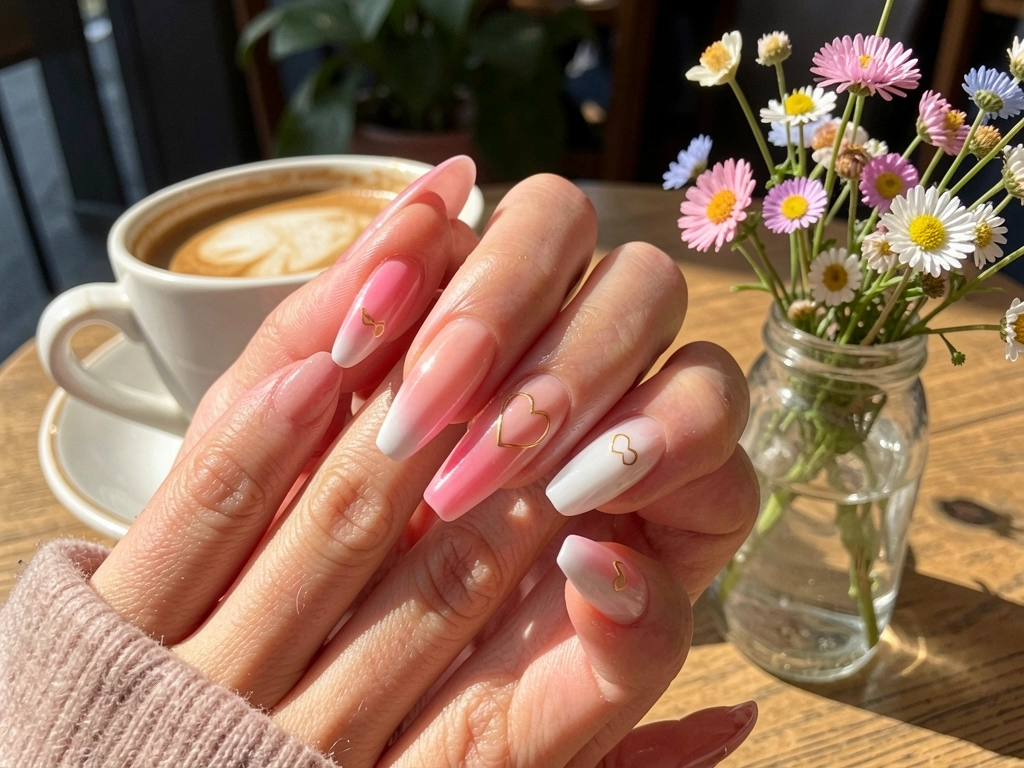 Close-up de unhas decoradas com gradiente rosa e branco, detalhe de coração dourado, sobre mesa de café com xícara e buquê de flores silvestres, luz natural