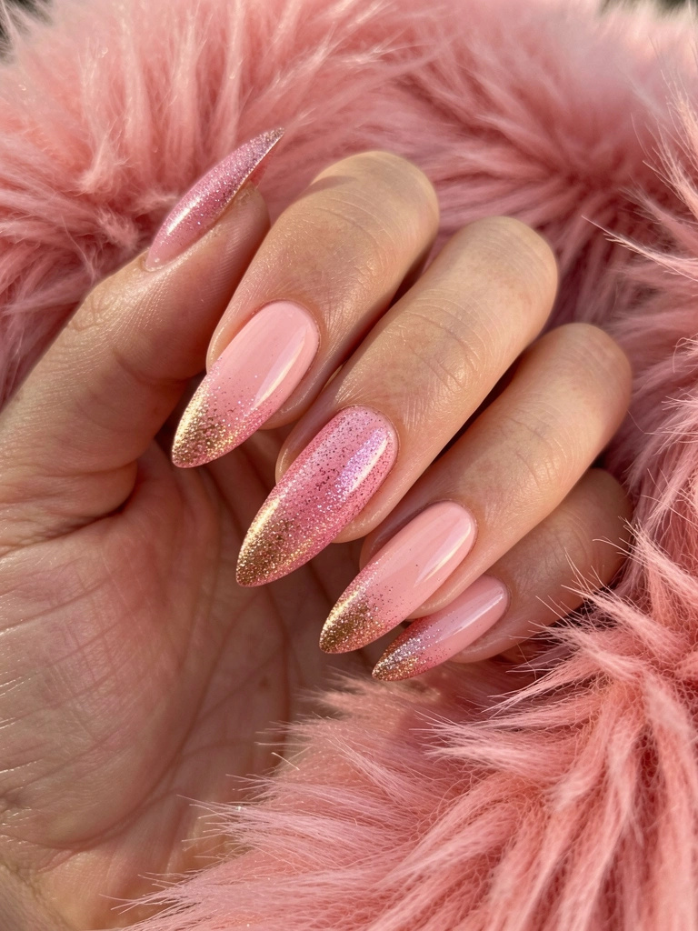 Mão com unhas longas em glitter rosa e dourado sobre pele sintética rosa, luz natural suave.