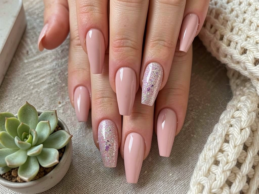 Mãos femininas com unhas decoradas em blush pink e detalhe brilhante, sobre superfície texturizada neutra, com suculenta e cachecol de tricô.
