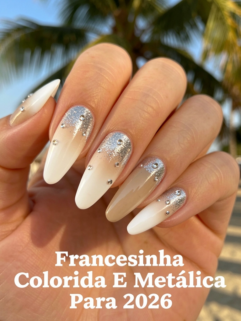 Unhas alongadas com gradiente de bege a branco, glitter prateado e strass transparentes, luz natural tropical.
