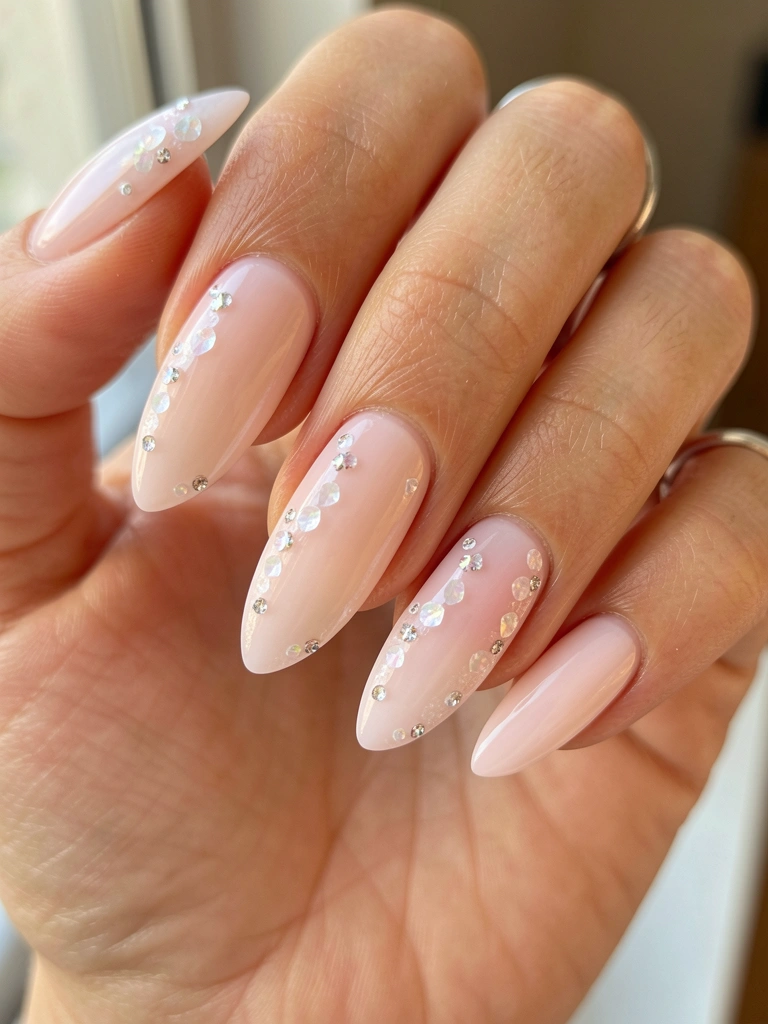 Mão feminina com unhas em formato bailarina, esmalte rosa claro com gradiente e cristais brancos iridescentes nas pontas, anel prateado no dedo anelar, luz natural suave.