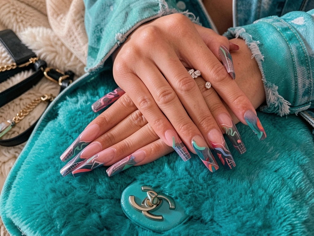 Mãos femininas com unhas longas e design abstrato colorido sobre superfície teal aveludada, anel brilhante de várias voltas, fundo com texturas suaves e acessórios elegantes.