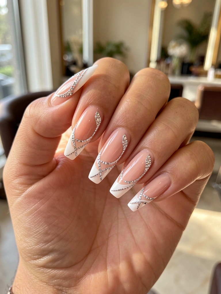 Mão com unhas compridas em formato amendoado, base nude e ponta francesa branca, adornadas com cristais prateados e transparentes em padrões fluidos, luz natural suave e fundo desfocado.