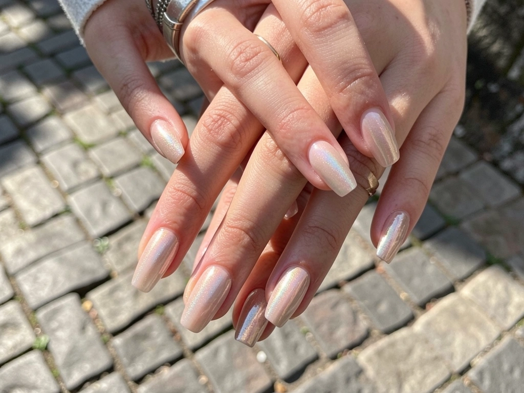 Mãos femininas com unhas iridescentes e brilho sutil, posadas sobre fundo de paralelepípedos em um parque urbano, com luz natural e fundo desfocado.
