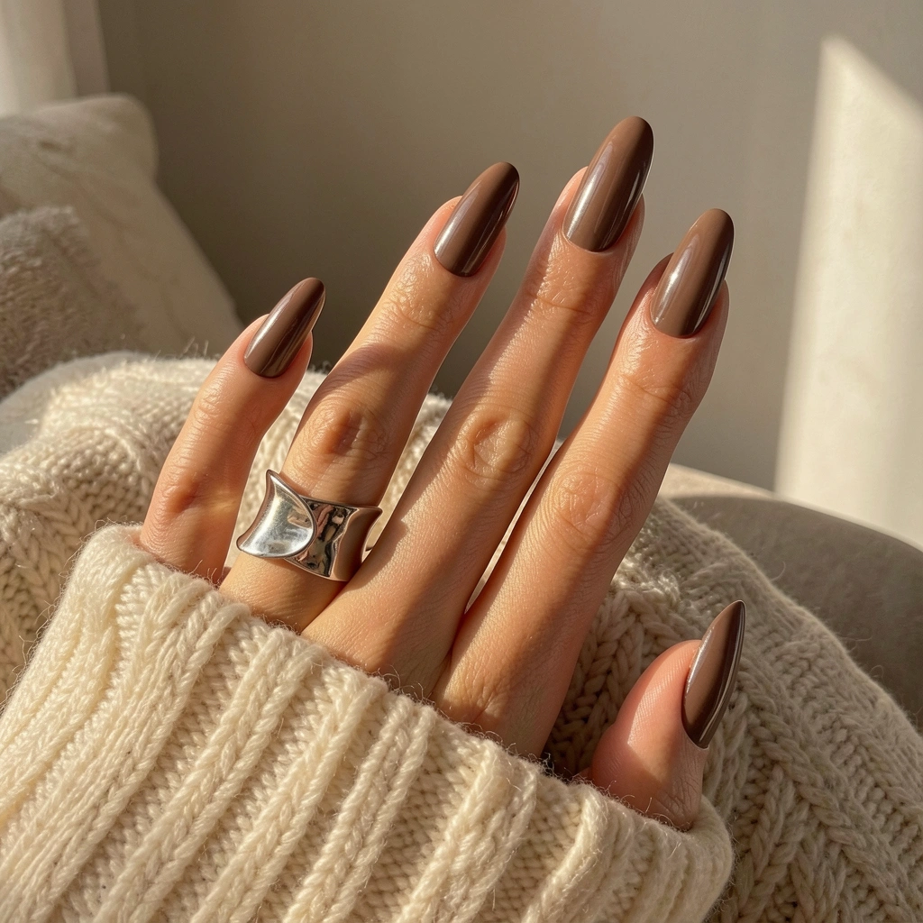 Mãos femininas com unhas marrons brilhantes e anel de prata sobre suéter de tricô macio, parede neutra ao fundo, ambiente aconchegante