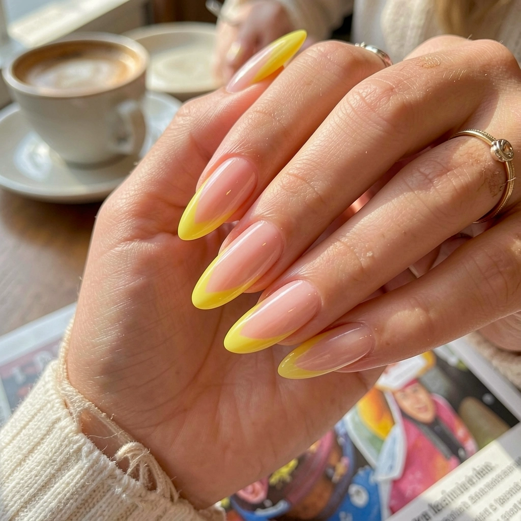 Mãos femininas com unhas longas, base rosa suave e pontas amarelas vibrantes, segurando uma xícara de café em cafeteria aconchegante com revista colorida ao fundo.
