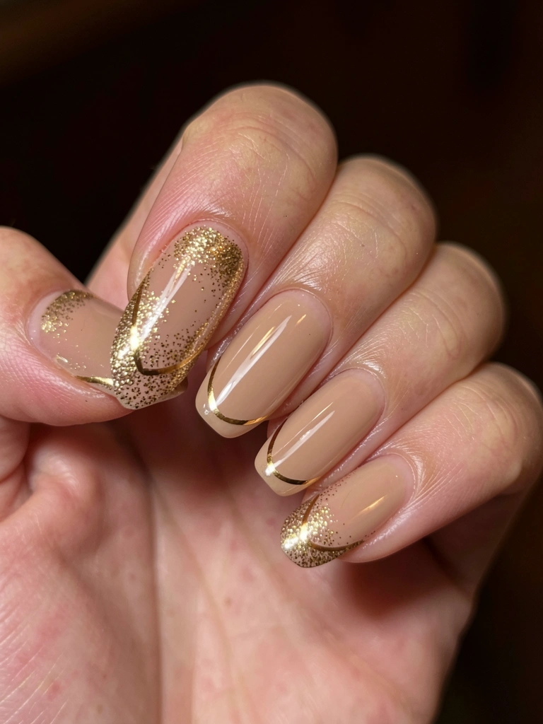 Unha em formato bailarina com esmalte nude, glitter dourado e linha fina na borda, fundo marrom escuro desfocado.