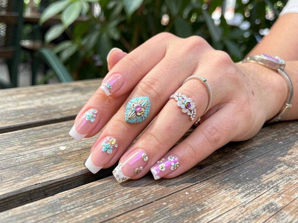 Mãos com unhas decoradas e detalhes brilhantes apoiadas em mesa rústica de madeira, com fundo verde desfocado de café ao ar livre, luz natural refletindo no esmalte.