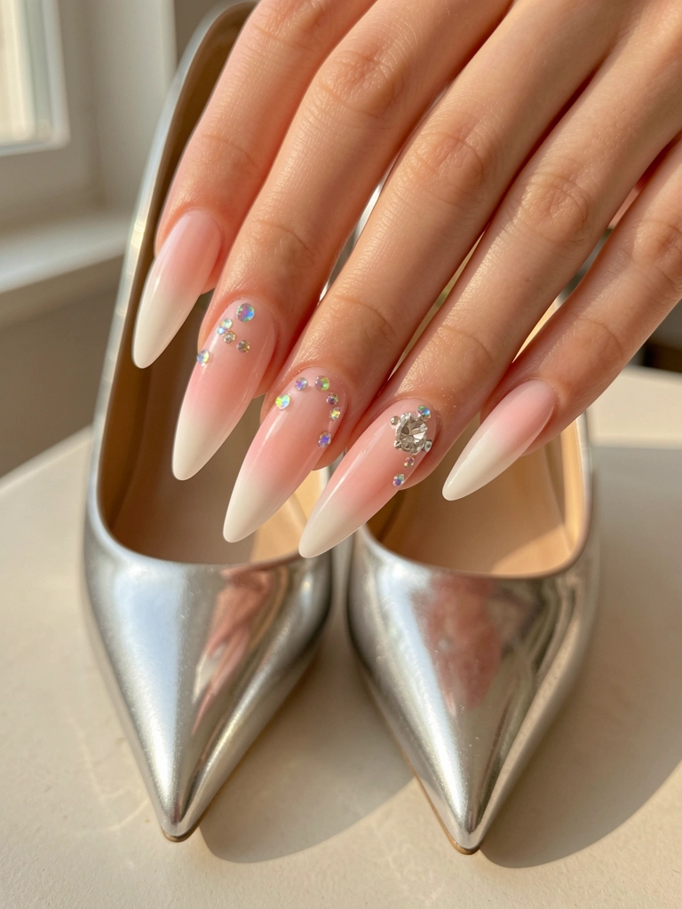 Unhas bailarina longas com pontas brancas e ombré rosa, decoradas com strass iridescentes e um cristal maior, sobre um par de stilettos prateados refletindo a luz natural.