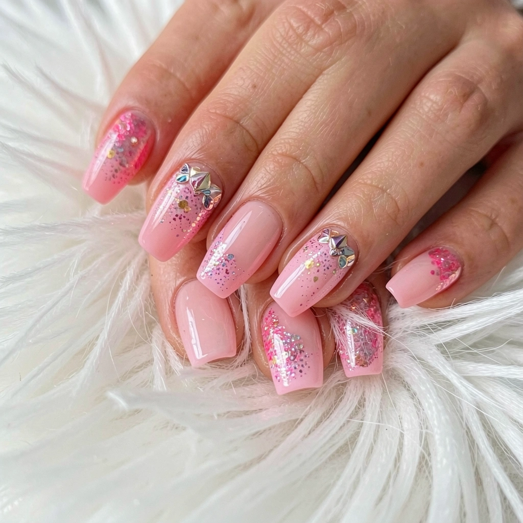 Mãos com unhas decoradas em pink glossy com glitter e detalhes, sobre superfície branca e fofa, fundo desfocado, luz natural, estilo autêntico e acolhedor.