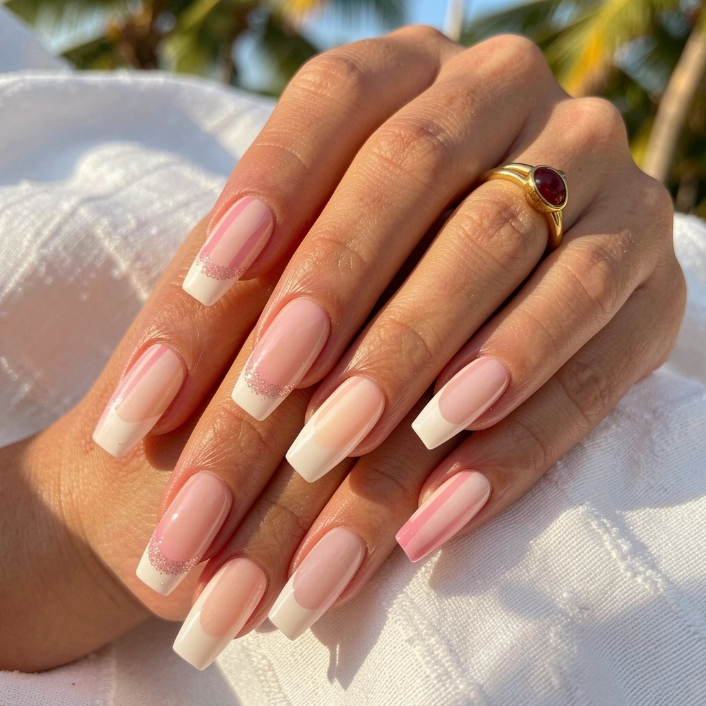 Close-up de mãos com unhas francesas longas e quadradas, detalhes em rosa claro e glitter, anel de ouro com pedra vermelha sobre tecido branco texturizado, luz natural.