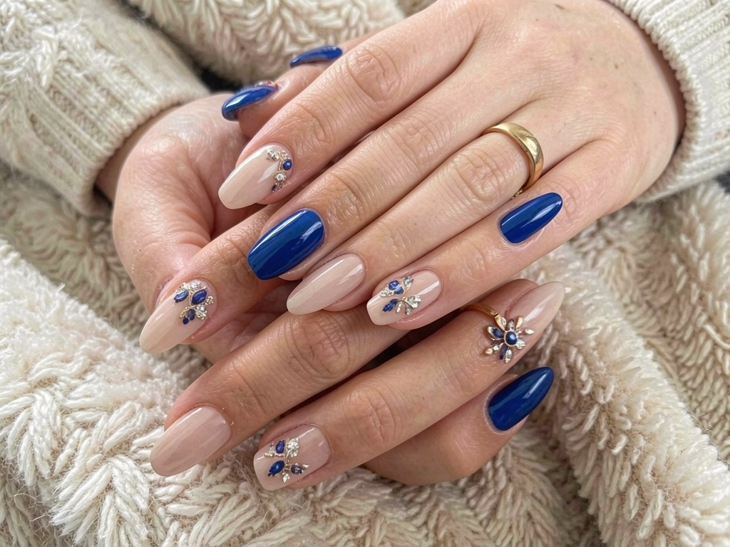 Mãos femininas com unhas decoradas em azul escuro e nude, com detalhes delicados, apoiadas em superfície texturizada e macia, transmitindo aconchego e autocuidado.