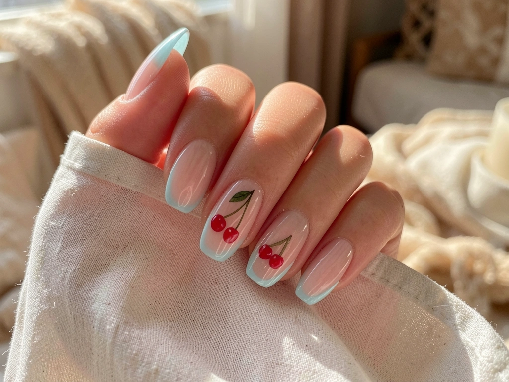 Mãos com unhas decoradas em estilo francesinha azul pastel com desenho de cereja, apoiadas em tecido claro e arejado, fundo desfocado com luz natural suave.