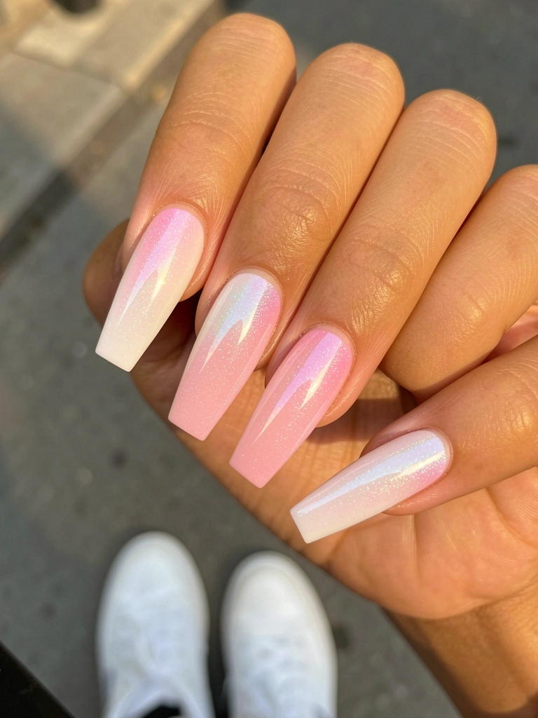 Unhas acrílicas rosa e branco com brilho iridescente, foco na textura e reflexo, tênis branco desfocado ao fundo.