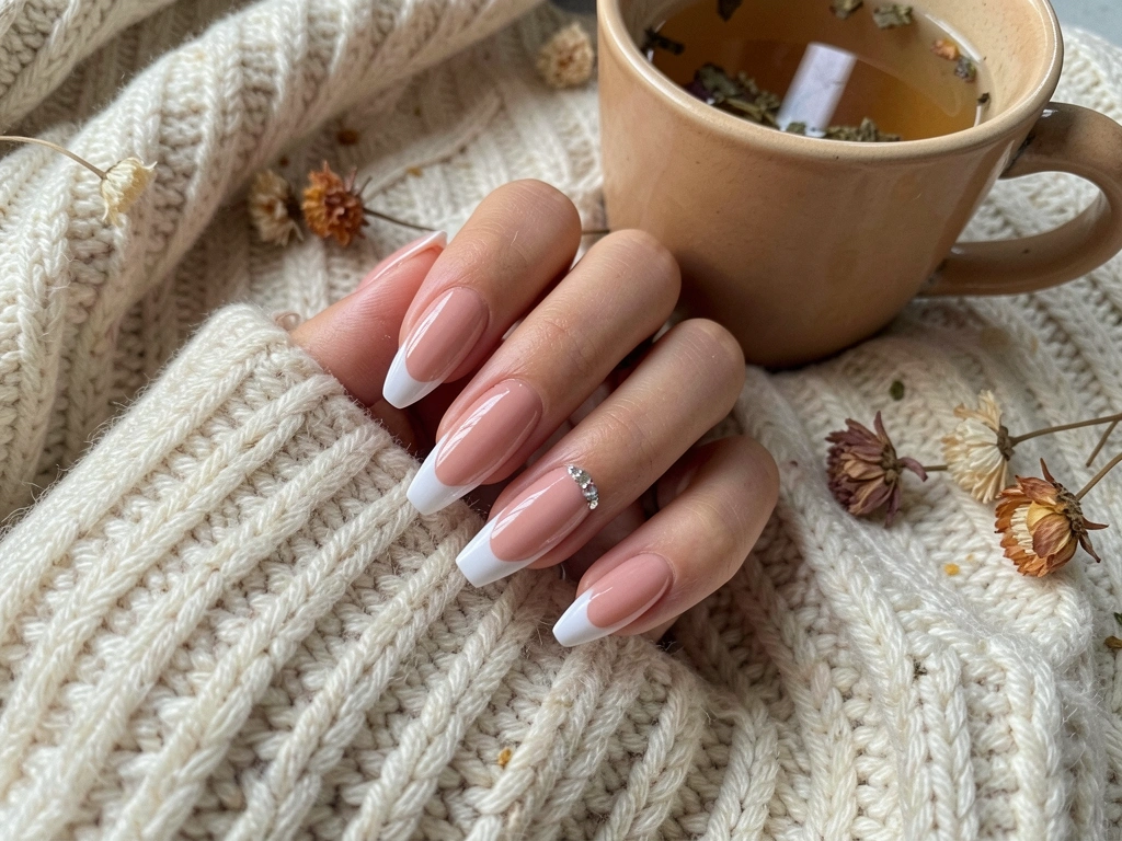 Mãos com unhas decoradas em base rosa suave e pontas brancas, com um delicado brilho, apoiadas sobre uma manta de tricô aconchegante. Ao fundo, uma caneca de chá de ervas e flores secas espalhadas.