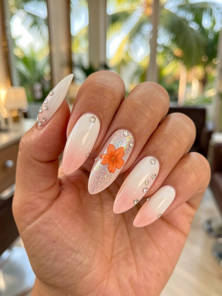 Mão com unhas longas brancas com ombré rosa, glitter iridescente e flor laranja em uma unha, luz natural suave.
