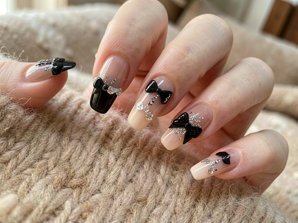 Close-up de unhas decoradas com esmalte preto e nude, laços e brilhos, sobre superfície texturizada em ambiente caseiro e acolhedor.