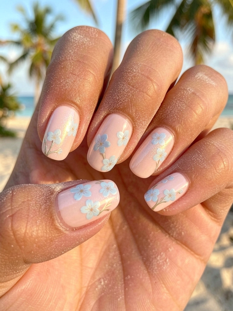 Mãos com unhas rosas claras e detalhes de flor de cerejeira azul claro, pó translúcido sobre a pele, luz natural suave.