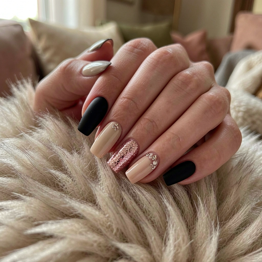 Mãos com unhas decoradas em preto fosco, bege suave e glitter rosa, repousando sobre superfície de pelo sintético, com fundo desfocado em tons neutros.