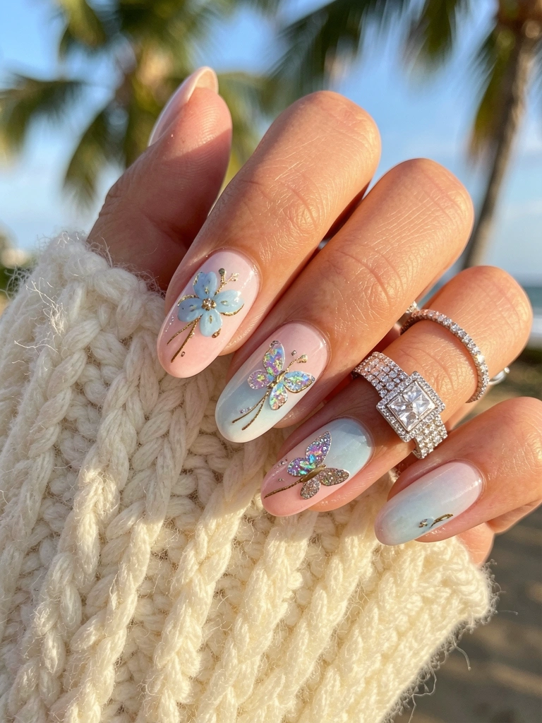 Mão feminina com unhas ombre rosa-claro e azul, flor azul com detalhes dourados, glitter borboleta iridescente, anel de diamante quadrado grande, manga de suéter creme ao fundo, luz natural.