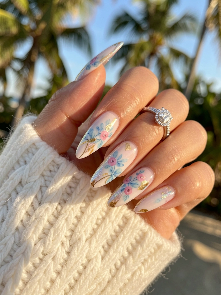 Mão feminina com unhas longas decoradas com desenho floral azul e rosa em aquarela, glitter cintilante e folha de ouro, anel de diamante grande, manga de suéter branco ao fundo, luz natural