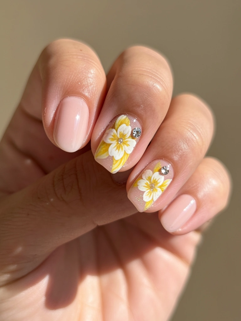Mão feminina com unhas em gel rosa claro, detalhe de flor amarela e branca com strass no dedo indicador, fundo bege desfocado e luz natural.