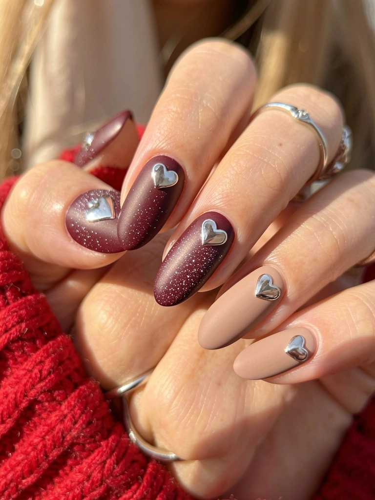 Mãos femininas com unhas marrom-avermelhadas e nude, detalhes prateados em formato de coração, anel fino e suéter de tricô vermelho ao fundo desfocado.