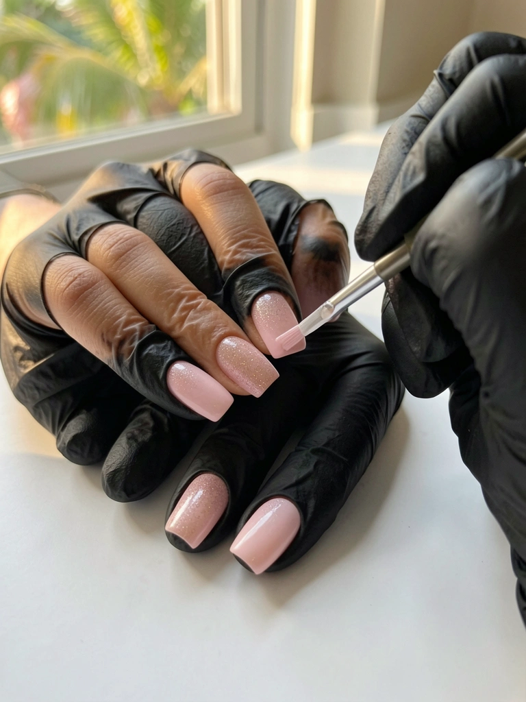Mãos com luvas pretas aplicando esmalte em gel rosa claro com glitter nas unhas, luz natural suave e fundo branco.