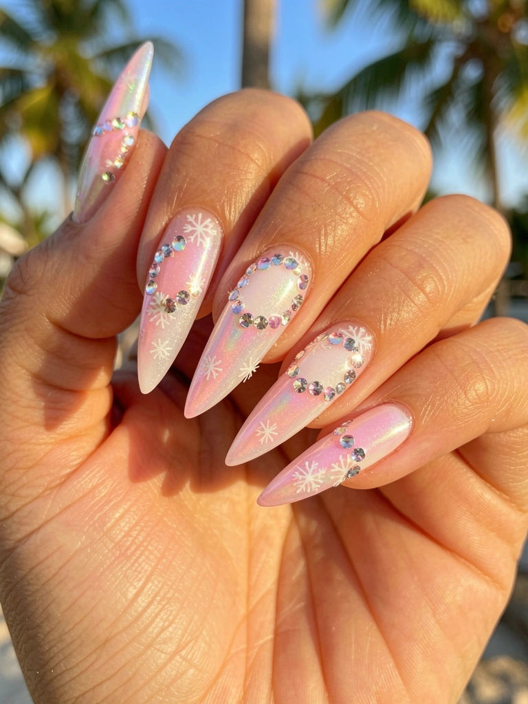 Mãos femininas seguindo unhas postiças rosas e brancas com brilho, strass e flocos de neve, luz natural e fundo tropical desfocado.