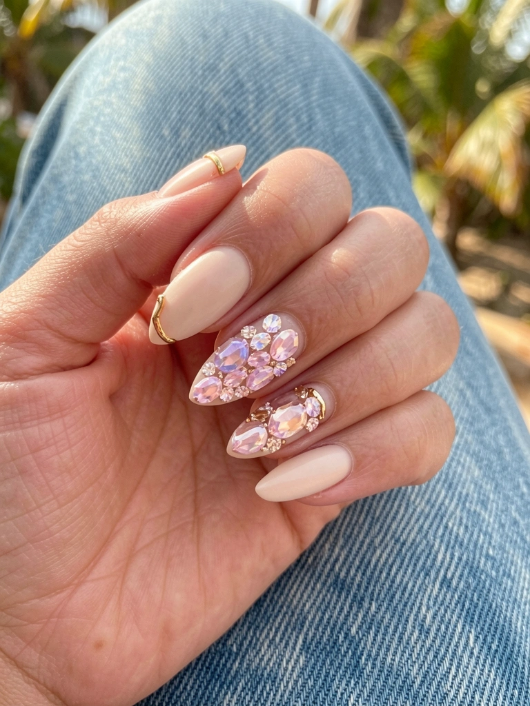 Mão feminina com unha nude e cristais iridescentes rosa e lavanda sobre jeans desbotado, luz natural.