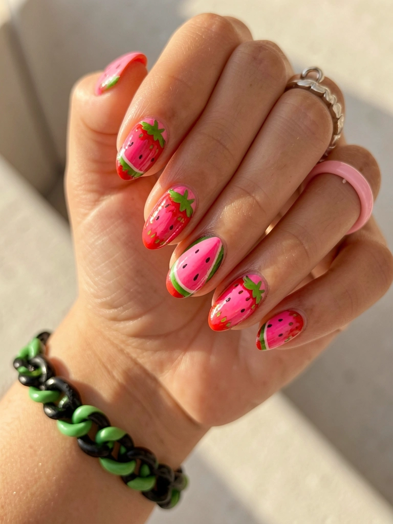 Mãos femininas com unhas decoradas em morango e melancia, pulseira verde e preta, anel rosa, luz natural suave.