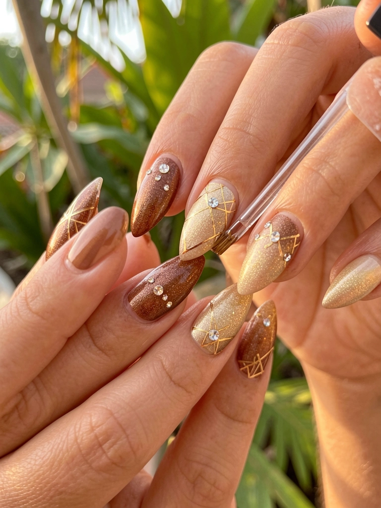 Mãos aplicando esmalte ombré bronze e dourado em unhas ovais com strass e padrões geométricos, luz natural e folhagens ao fundo.