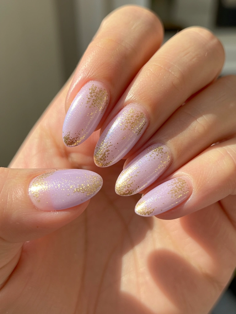 Mãos com unhas ovais em gradiente de lavanda e glitter dourado, luz natural suave e fundo levemente desfocado.