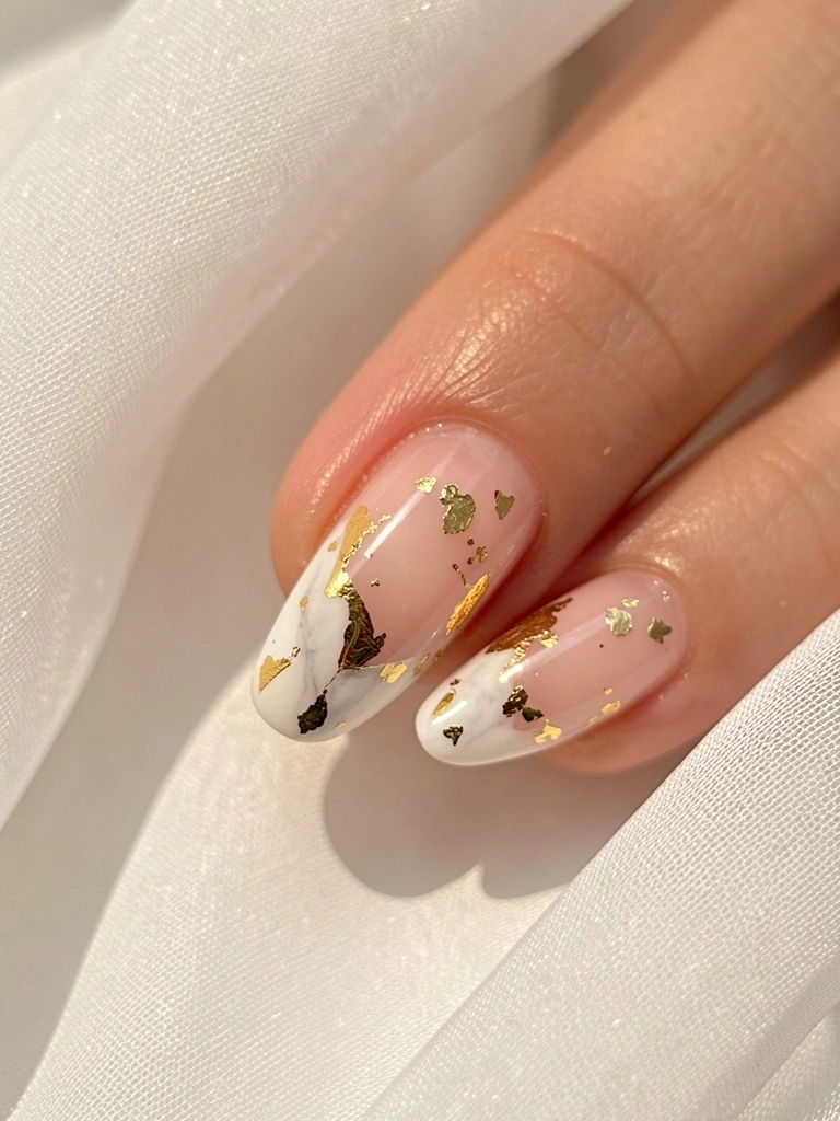 Unha rosa claro com ponta branca, detalhes em ouro marmorizado e flocos de ouro, luz suave e tecido branco esvoaçante ao fundo.
