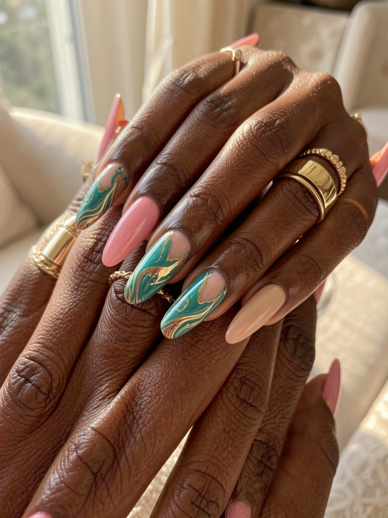 Close-up de mãos femininas negras com unhas longas em gel rosa e nude, marmorizadas em azul-petróleo e dourado, anéis finos de ouro, luz natural suave e fundo desfocado.