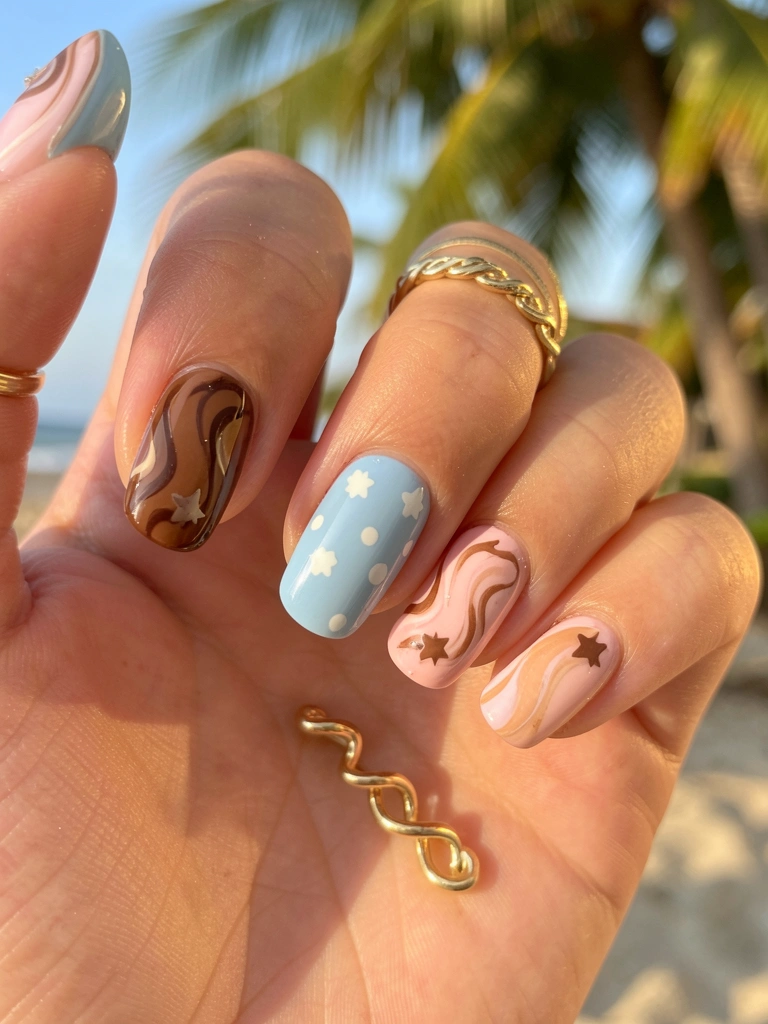 Close-up de cinco unhas com esmaltado artístico: base marrom com swirl e estrela, azul pastel com bolinhas e estrela, rosa claro com swirl e estrela, anel dourado retorcido, luz natural suave.