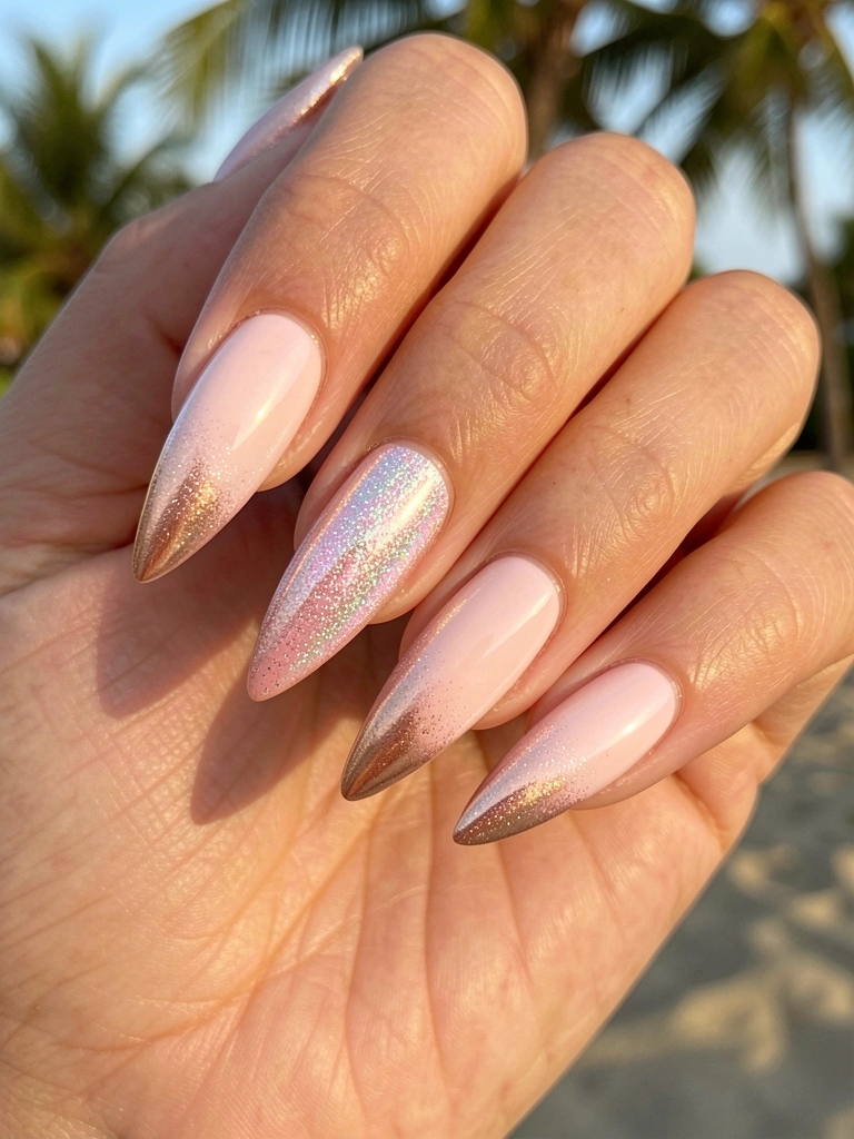 Mãos femininas com unhas ombré em rosa claro e pontas rosé metálico, glitter iridescente brilhando sob luz natural suave, fundo desfocado tropical.