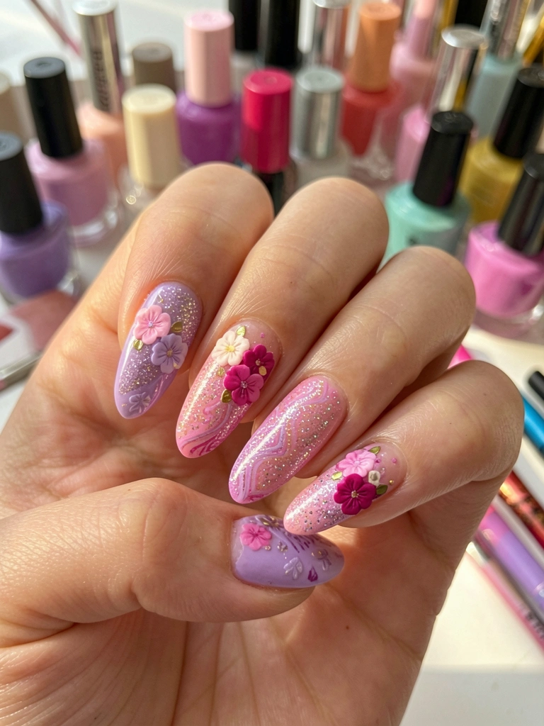 Unhas decoradas com lilás, rosa e magenta, flores delicadas e glitter, iluminadas por luz natural suave, com esmaltes e ferramentas ao fundo.