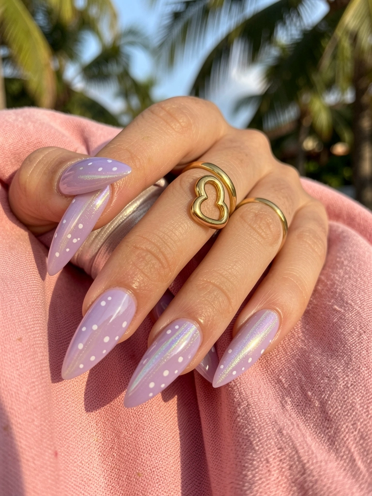 Mão com unhas em gel lavanda e bolinhas brancas, anel de ouro em formato de coração, sobre tecido rosa texturizado com luz natural.