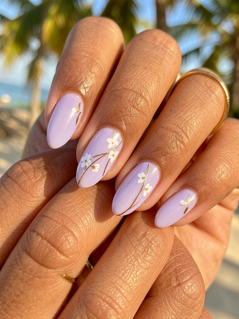 Unhas ovais lilás com ombré, flores brancas e folha de ouro, anel dourado fino, luz natural difusa e textura da pele visível.
