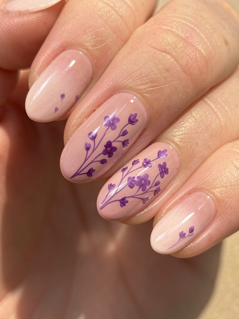 Unha oval rosa-claro com degradê sutil e flores roxas detalhadas, fundo bege neutro e luz natural suave.